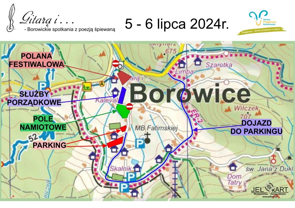 mapa poglądowa dojazdu do parkingu, pola namiotowego oraz sceny na festiwalu Gitarą i... borowickie spotkania z poezja śpiewaną