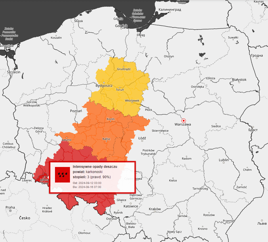 intensywne opady deszczu w województwie dolnośląskim - zrzut ekranu od IMGW - stan alarmowy dla Dolnego Śląska