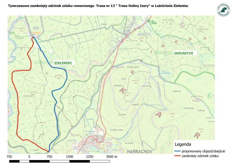 Tymczasowo zamknięty odcinek szlaku rowerowego Trasa nr 13 „Trasa Doliny Izery”